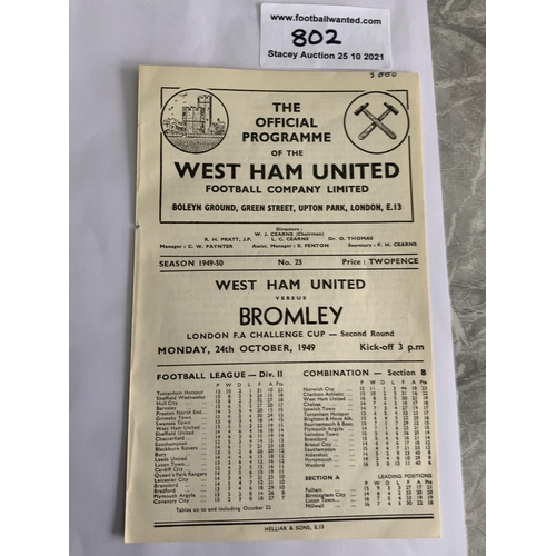802 - 49/50 West Ham v Bromley Football Programme: London FA Cup ex bound white copy in excellent conditio... 