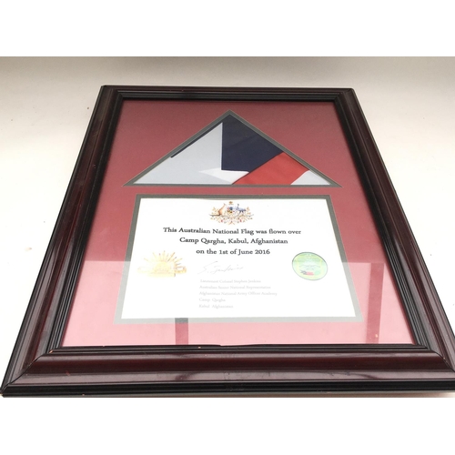 2347 - Framed Australian flag presented to Tower of London Yeoman Warders.
Provided with letter of Authenti... 