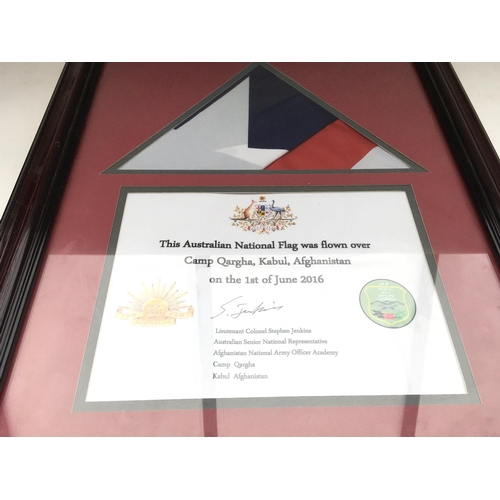 2347 - Framed Australian flag presented to Tower of London Yeoman Warders.
Provided with letter of Authenti... 