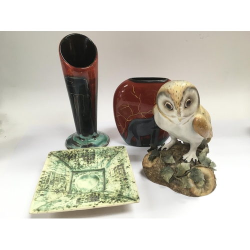 1001 - A Troika Fosters pottery dish, approx width 12cm, a Royal Crown Derby owl, Anita Harris pottery vase... 