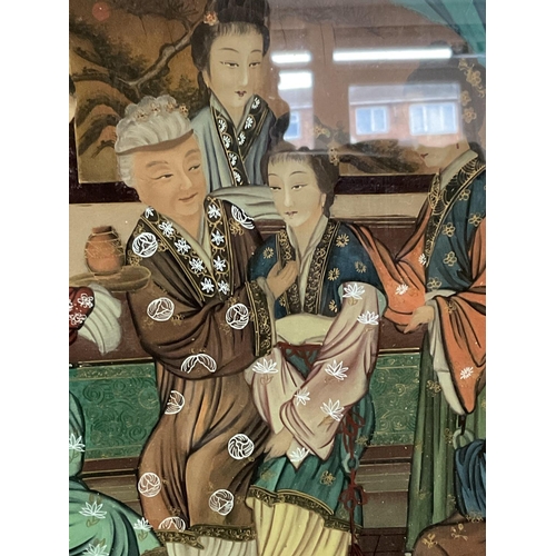 1155 - A large Chinese reverse hand painted glass panel with elm frame. 93 x 44cm.