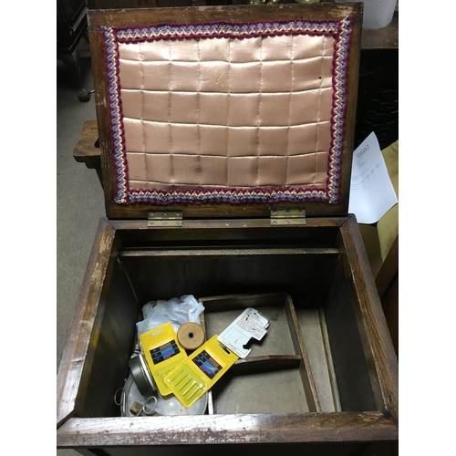 1223 - A vintage lift up lid sewing box with some contents. Measuring approximately 71cm x 47cm x 39cm - NO... 
