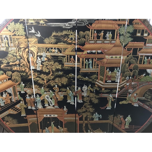 1239 - Chinese painted folding circular screen. Approximately 170cm wide by 185cm high.