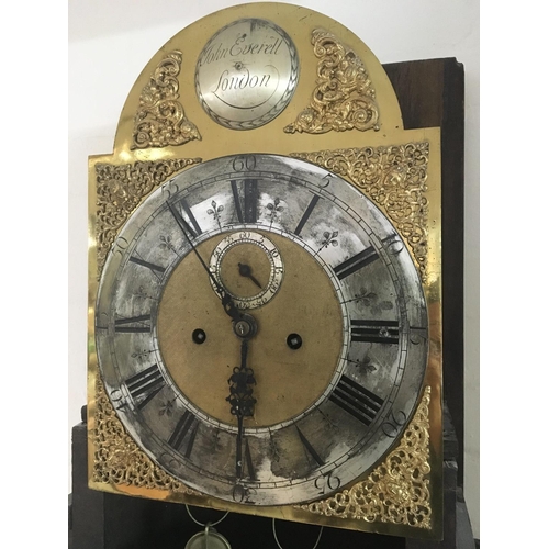 1267 - A George II 18th Century Walnut long case clock with a caddy top and fretwork panels the brass dial ... 