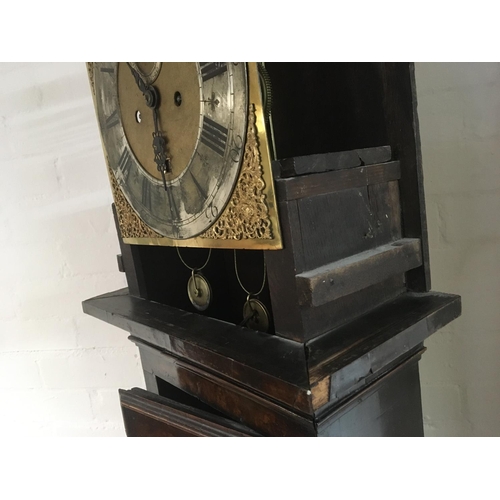 1267 - A George II 18th Century Walnut long case clock with a caddy top and fretwork panels the brass dial ... 