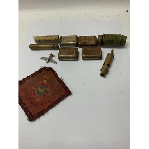 1619 - A collection of small military items including medical supplies and a Royal Air Force arm patch.