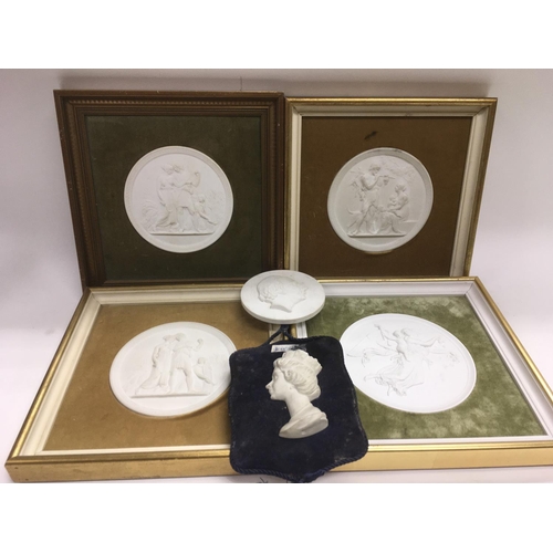 943 - Four framed Royal Copenhagen circular plaques plus a smaller example depicting Hans Christian Anders... 