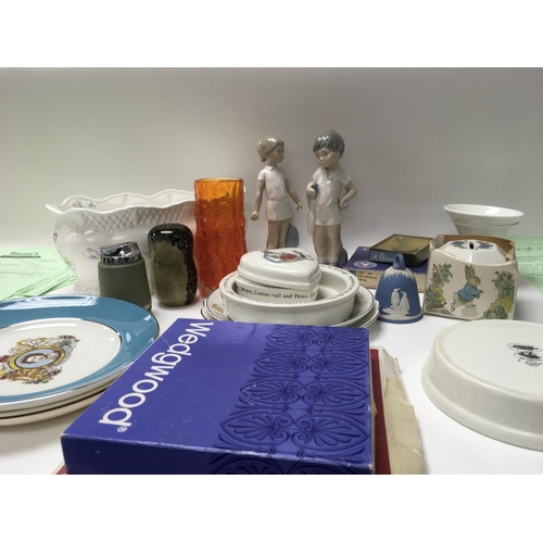 945 - A collection of ceramics including Wedgwood together with a whitefriars vase and an owl paperweight.
