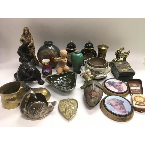 946 - A collection of ceramic and stoneware items including a signed Costa Rican vase, some brassware etc.