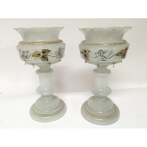 949 - A pair of Victorian glass opaque lustres decorated with gilt Hight 30cm no obvious damage no glass d... 