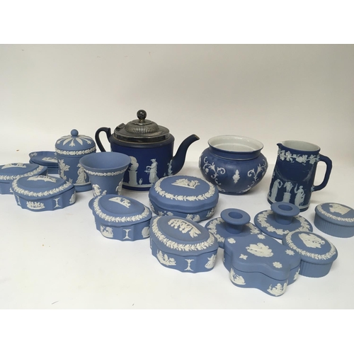 950 - A collection of Wedgwood Jasper ware and one other conforming pot one jug damage otherwise no obviou... 