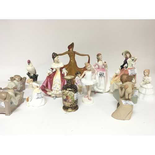 957 - A collection of Royal Doulton figures NAO A Victorian hand painted vase (slight damage) and a Vintag... 