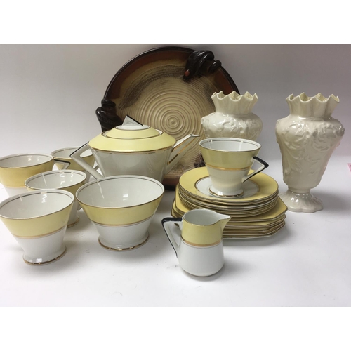 969 - A part Art Deco paslissy tea set a pair of Belleek vases and Art nouveau style pottery dish .