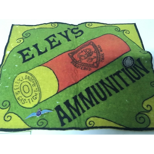 2093 - An Eleys Ammunition advertising cloth with two attached Badges RAF and Royal Engineers