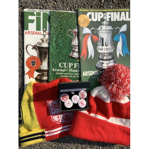 157 - Arsenal Football Memorabilia Boxes: Includes badges hats 1971 long play record cup final programmes ... 