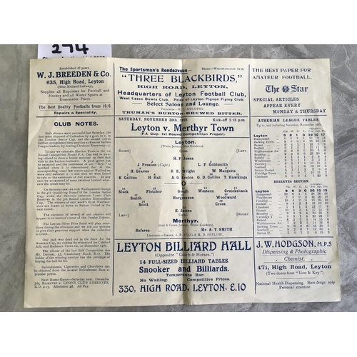 274 - 29/30 Leyton v Merthyr Town FA Cup Football Programme: Excellent condition 4 pager from the 1st roun... 