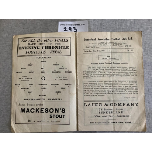 293 - 50/51 Sunderland v Wolverhampton Wanderers Football Programme: Hard to obtain league match which was... 
