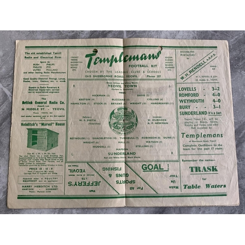 308 - 48/49 Yeovil Town v Sunderland Football Programme: Staple removed and one punch hole on this famous ... 