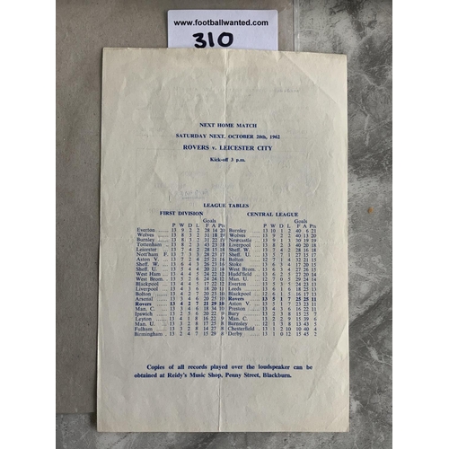 310 - 62/63 Blackburn Rovers v Leeds United League Cup Football Programme: Harder to obtain single sheet w... 