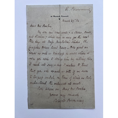 2010 - A signed letter by Robert Browning to a Mr Boehm (Joseph Edgar Boehm R.A.) dated March 29th, 1884, d... 