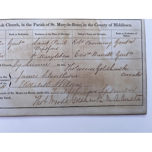 2015 - A copy of the original marriage certificate for Robert Browning and Elizabeth Moulton Barrett dated ... 