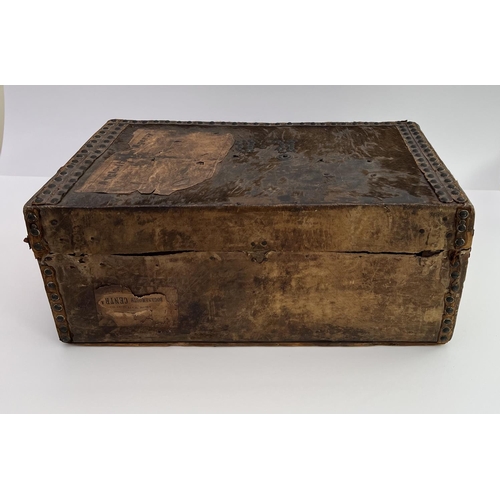 2021 - Robert Browning's calfskin and leather trunk with metal stud initials RB to top, makers label for J.... 