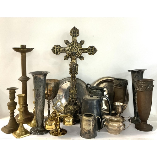 2108 - Robert Browning settlement, a collection of silver plate and brass items including a cast brass Cruc... 