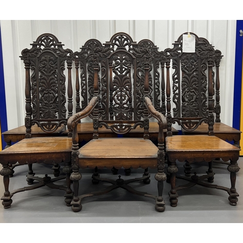 2061 - A set of 7 Victorian oak high back chairs, used by the the Rev George Clayton and Deacons in the old... 