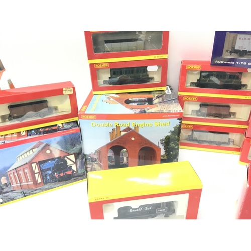 102 - A Collection of Boxed Hornby 00 Gauge Wagons. Buildings and 2 Locomotives