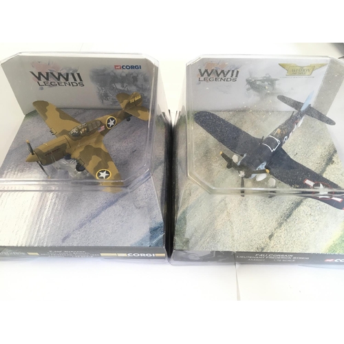 138 - A Collection of 4 Corgi WW2 Legends Aircraft including a P-51D Mustang. A F4U Corsair. A P-40F Warha... 