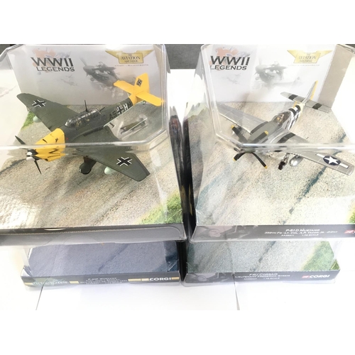 138 - A Collection of 4 Corgi WW2 Legends Aircraft including a P-51D Mustang. A F4U Corsair. A P-40F Warha... 