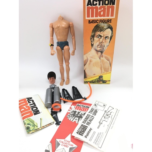 16 - A Boxed Palitoy Action man with Frogman Parts etc. Head has detached.