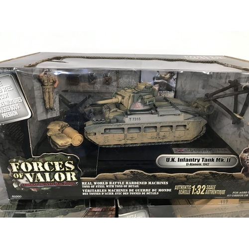 210 - 3 x various forces of valour die cast tanks. Including U.K. infantry tank mkll