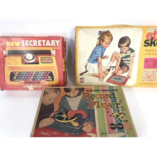 309 - 3 x vintage toys including battery operated record player - Denys Fisher etch-a-sketch and a new Sec... 