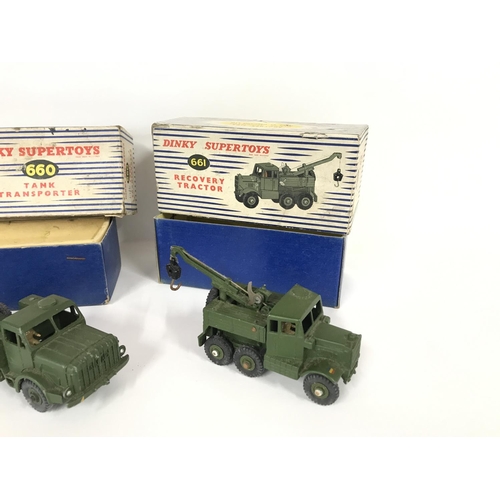 388 - 3 x Dinky Supertoys with boxes. Pullmore car transporter 982 - Tank Transporter 660 - Recovery tract... 