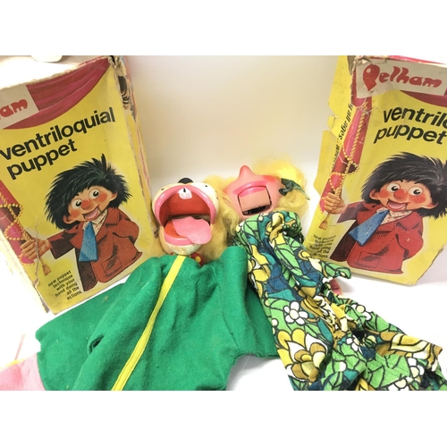 81 - 2 X Pelham Puppets. Ventrloquial puppets. Fido and Girl. Both Boxed ( Boxes are worn.) (2)