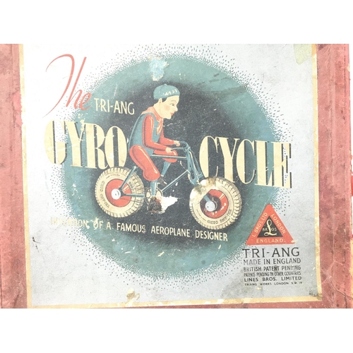 83 - A Vintage Tri-Ang Gyro Cycle and a Vintage Tin plate Battery operated toy.(2).