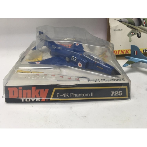 93 - A Boxed Dinky Toys P-4K Phantom II (Missiles missing) #725 and a Hawker Harrier A/F Box Worn.