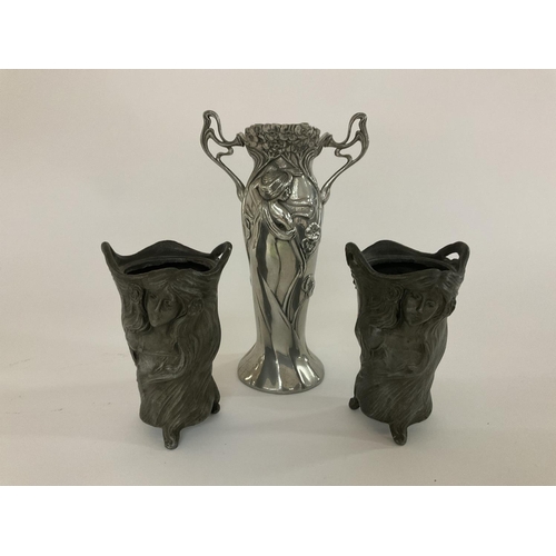 705 - An A.E.Williams pewter Serenity vase, 21cm together with 2 small art noveau pewter vases, 13cm.