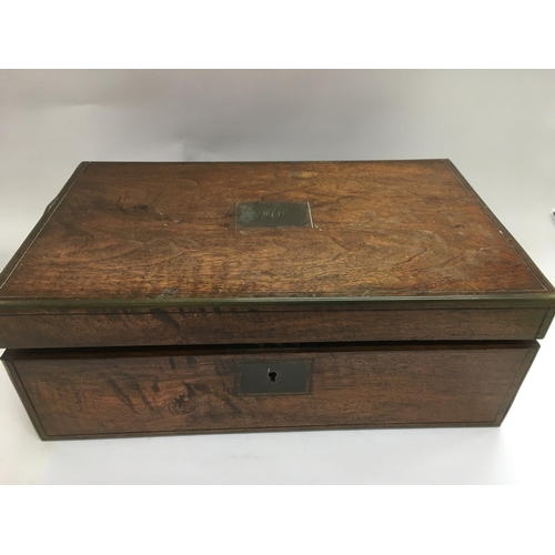 749 - A brass bound writing slope, inlaid jewellery box and one other mahogany box (3).