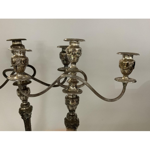 754 - A pair of good Georgian sheffield plate 3 branch candelabra with Wreath and urn (Adams) design. 46cm