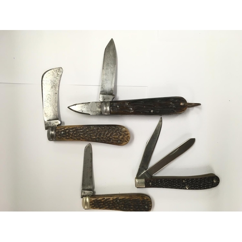 757 - Four rare vintage pocket knives, one by John Blyde, Sheffield, 1827-1899. All with jagged bone handl... 