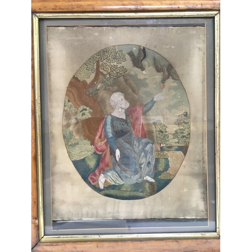 777 - An antique, possibly early Victorian, silk embroidery picture in a maple frame, approx 43cm x 51.5cm... 