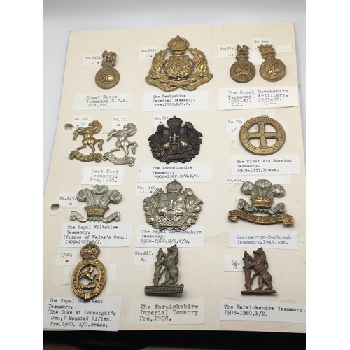 2001 - A collection of Military hat badges some pre I world war mainly county regiment. on four cards with ... 