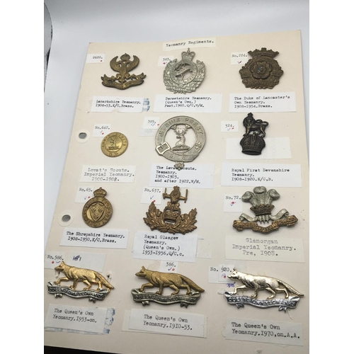 2001 - A collection of Military hat badges some pre I world war mainly county regiment. on four cards with ... 