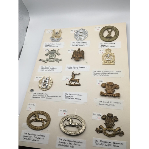 2001 - A collection of Military hat badges some pre I world war mainly county regiment. on four cards with ... 