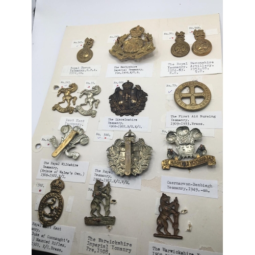 2001 - A collection of Military hat badges some pre I world war mainly county regiment. on four cards with ... 