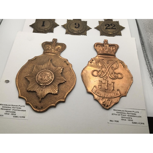 2026 - A collection of military shako plates retrospective copyâs of brass Waterloo plates and quilted Sh... 