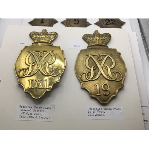 2026 - A collection of military shako plates retrospective copyâs of brass Waterloo plates and quilted Sh... 
