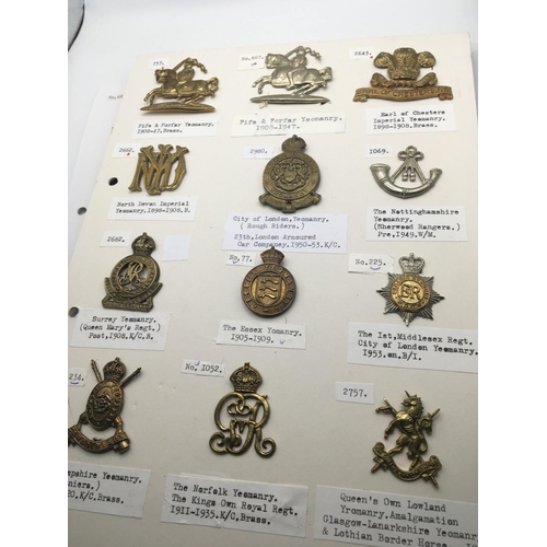 2030 - An album containing military cap badges mounted on three cards. Mainly Yeomanary.